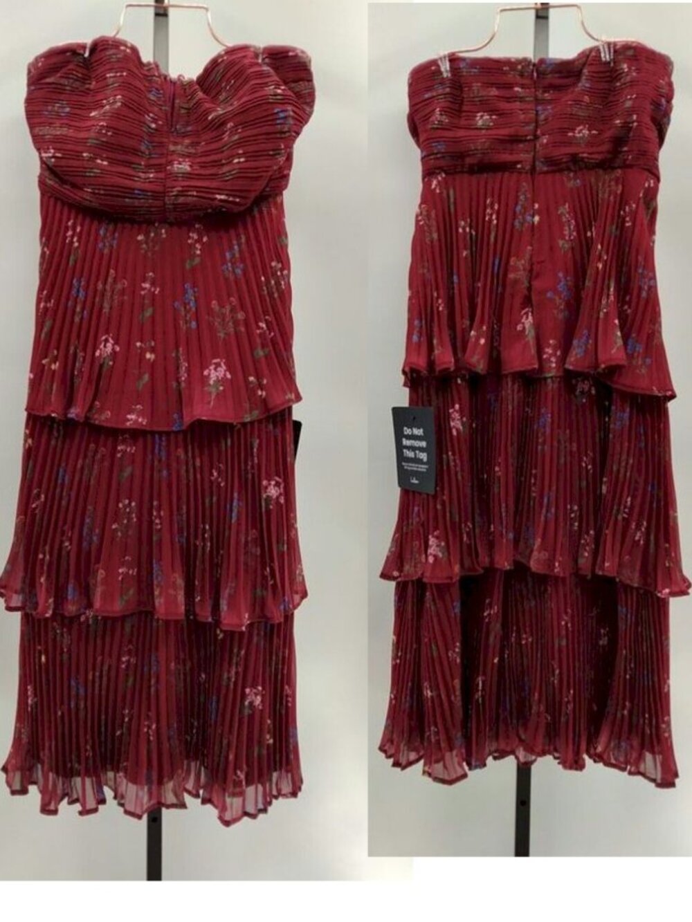 Lulus Hadelyn Burgundy Floral Pleated Tiered Midi Dress Size Small NWT - Picture 2 of 11